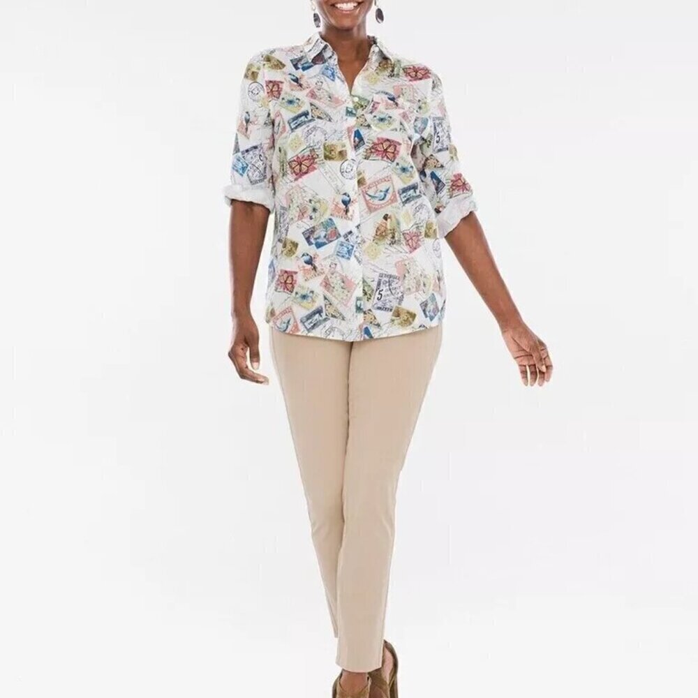 Chico's Linen Stamp Travel Printed 3/4 Sleeve Blouse Size 1(M) - Picture 8 of 9